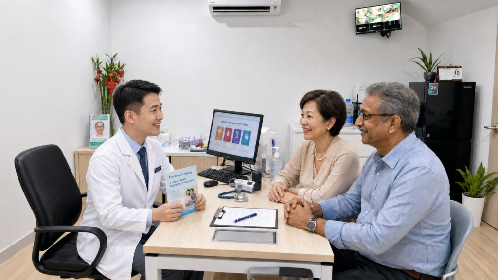 Chinese doctor in a modern clinic consultation room smiling and discussing premarital screening with an older Chinese lady and an older Indian gentleman couple