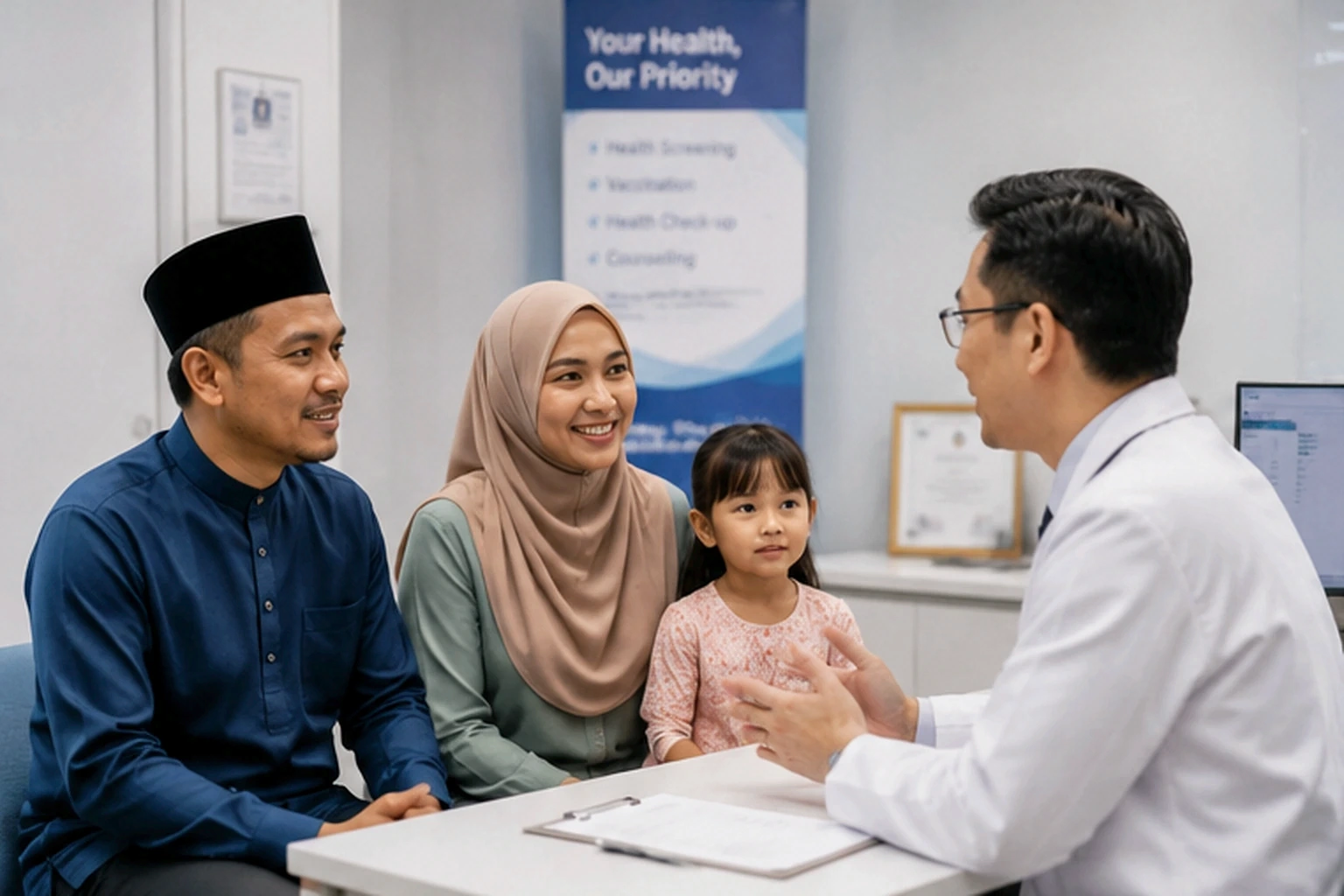 A Malay family speaking with a doctor during a consultation