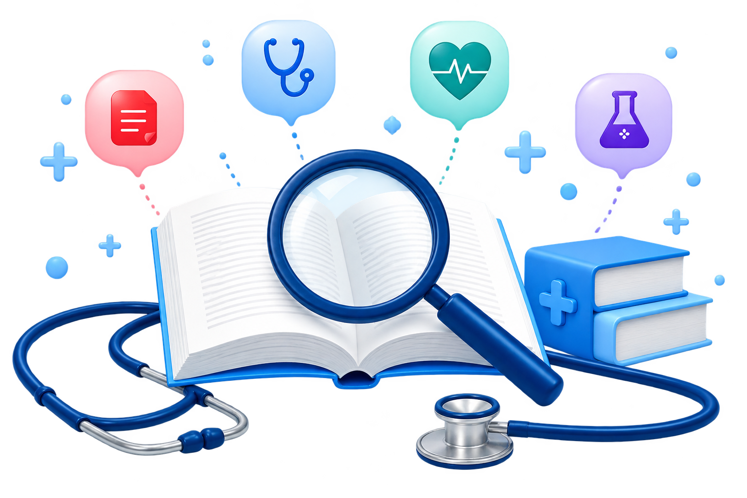 Medical books, a magnifying glass and a stethoscope representing Health Diary search
