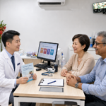 Chinese doctor in a modern clinic consultation room smiling and discussing premarital screening with an older Chinese lady and an older Indian gentleman couple