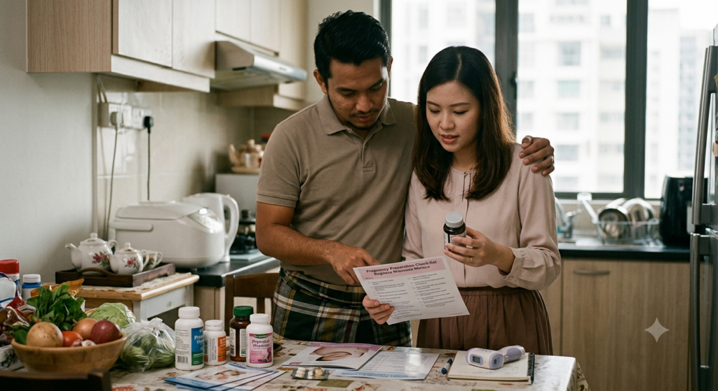 multi-ethnic Malaysian couples preparing for pregnancy. These images focus on common pre-conception activities, such as discussing nutrition, taking vitamins, and attending medical consultations together.