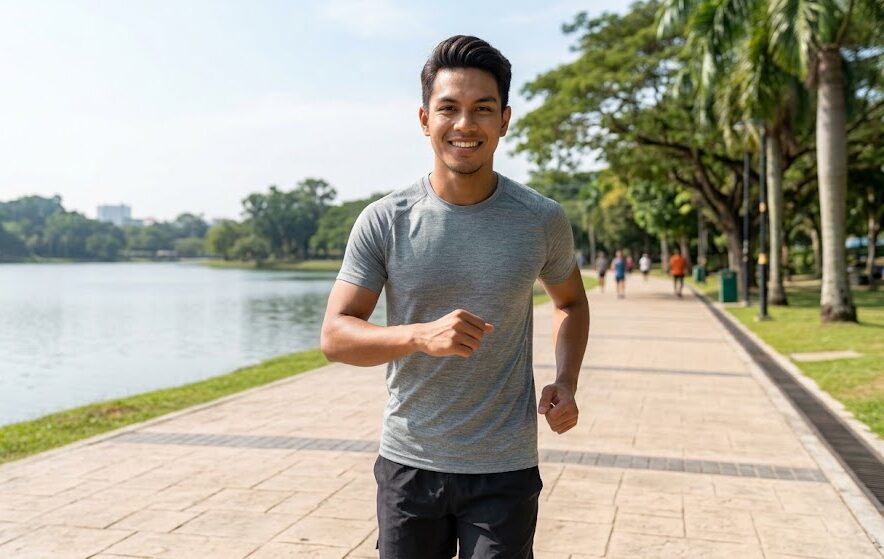 Here is the metadata you can copy and paste into the WordPress attachment details for your featured image: Alt Text: A healthy young Malaysian man jogging along the scenic path at Metropolitan Kepong Lake Park on a sunny morning.