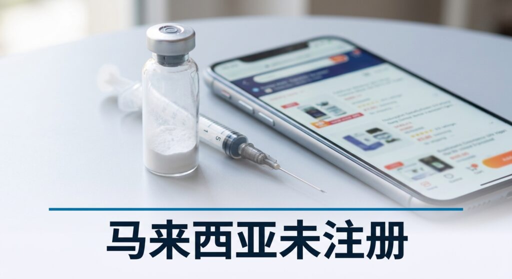 一支无标签的白色粉末玻璃瓶、一支注射器，旁边是显示模糊电商页面的手机，置于浅灰
