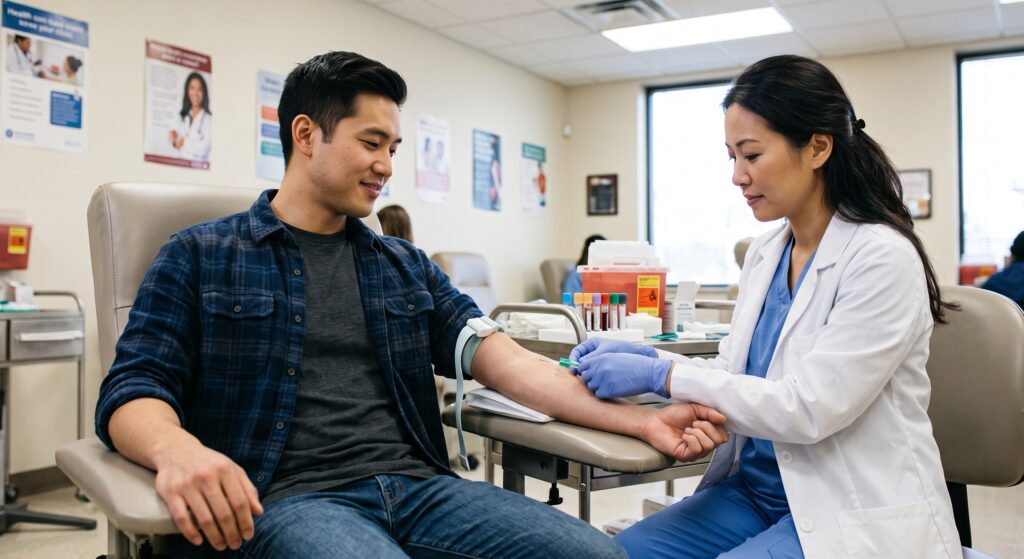 A healthcare professional drawing blood from a patient's arm.