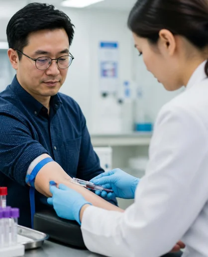 Blood test preparation at Klinik Medilove Keponggi: a nurse taking a blood sample from a patient in Kepong