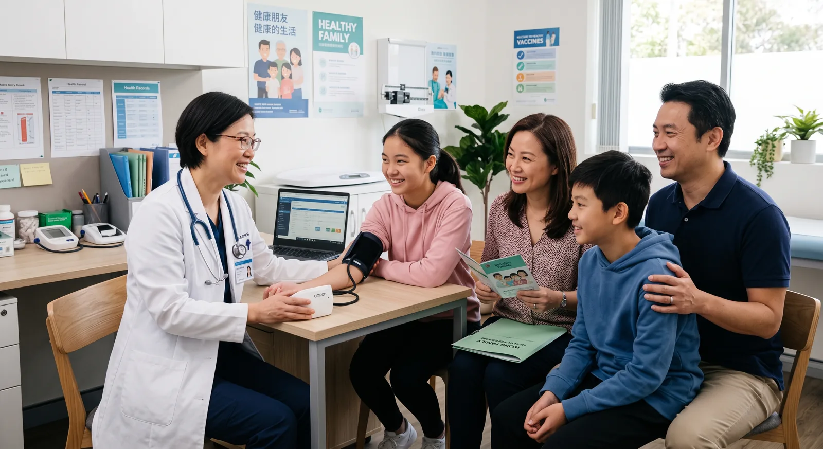 Friendly doctor checking a teenager’s blood pressure with her family at our clinic in Kepong