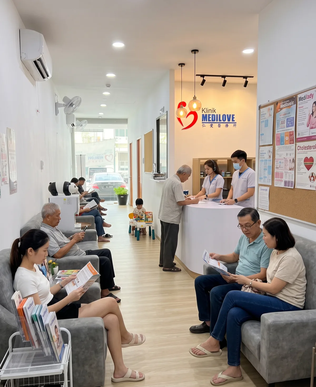 Health screening preparation at Klinik Medilove Keponggi: patients registering at reception in Kepong