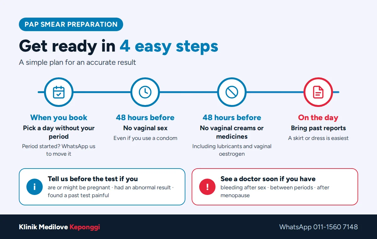 Pap smear preparation in 4 steps: book a day without your period, no vaginal sex for 48 hours, no vaginal creams or medicines for 48 hours, bring past reports