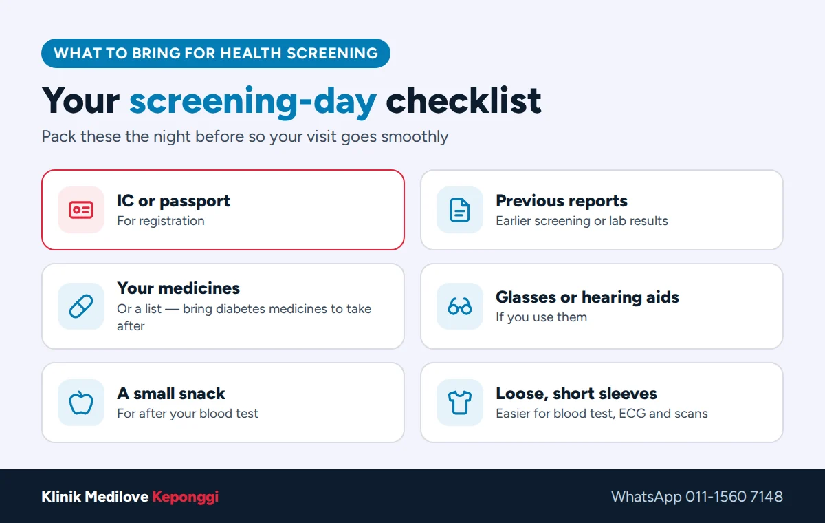 What to bring for health screening: IC or passport, previous reports, medicines, glasses, a small snack and loose clothing
